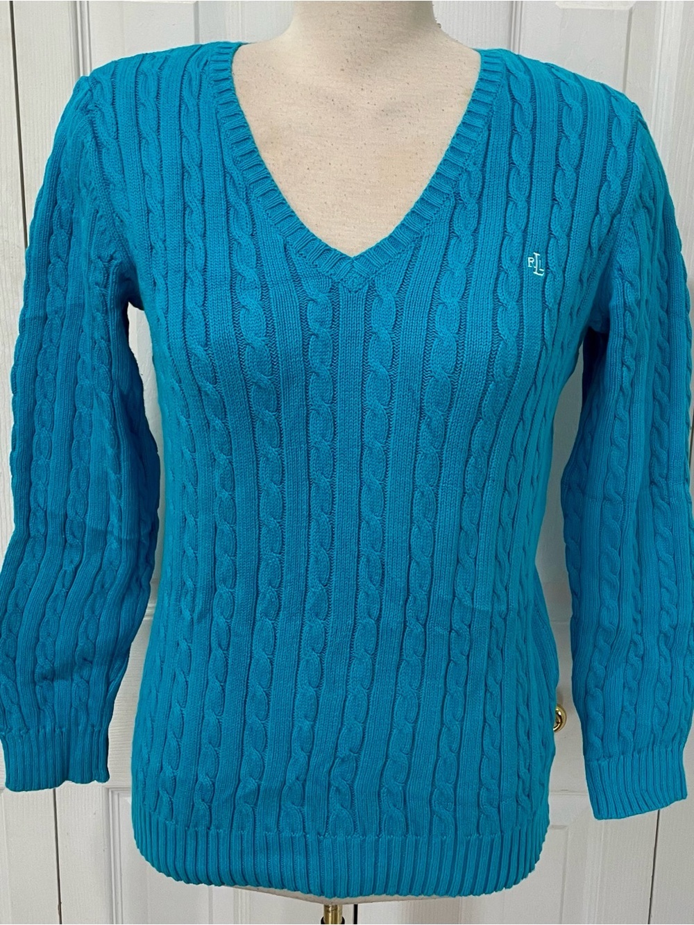 Ralph Lauren Sky Blue Cable-Knit V-Neck Sweater